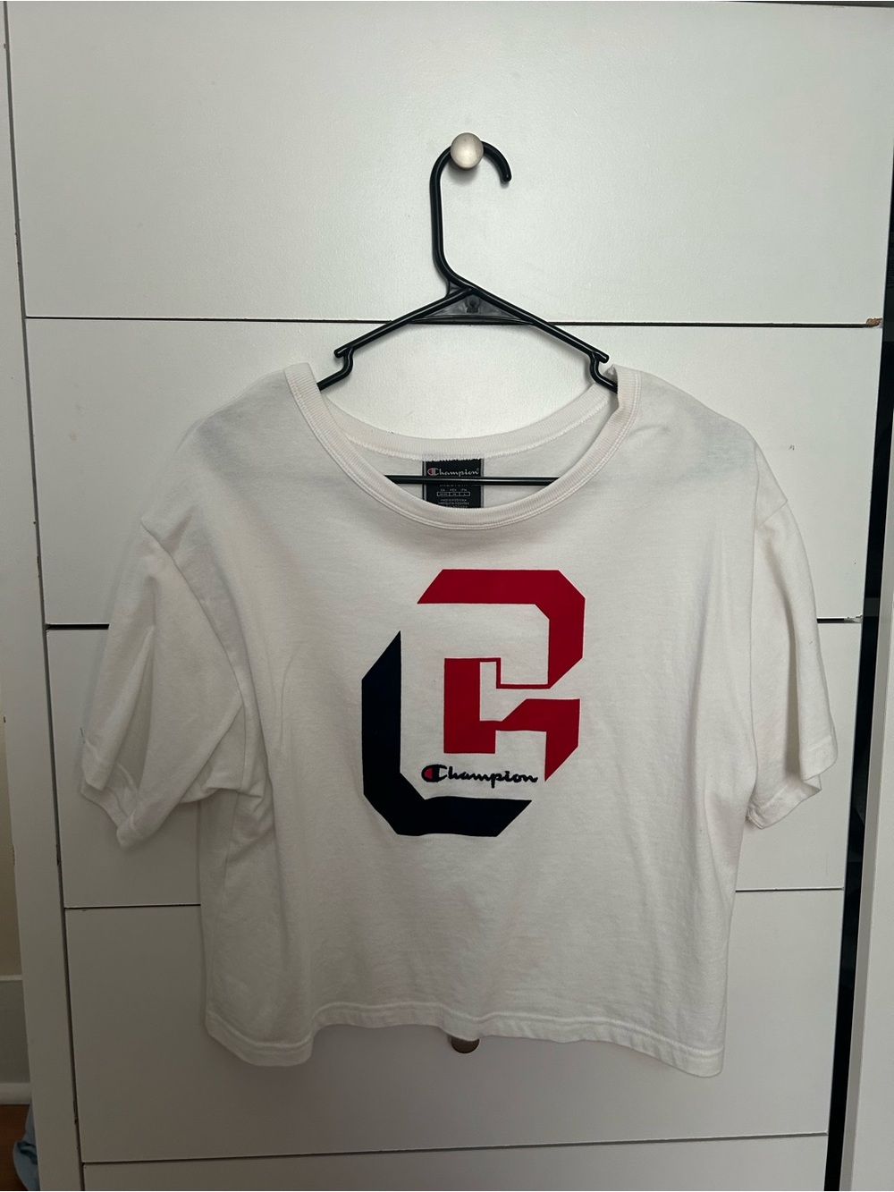Champion White Cropped Tee with Red & Navy Graphic